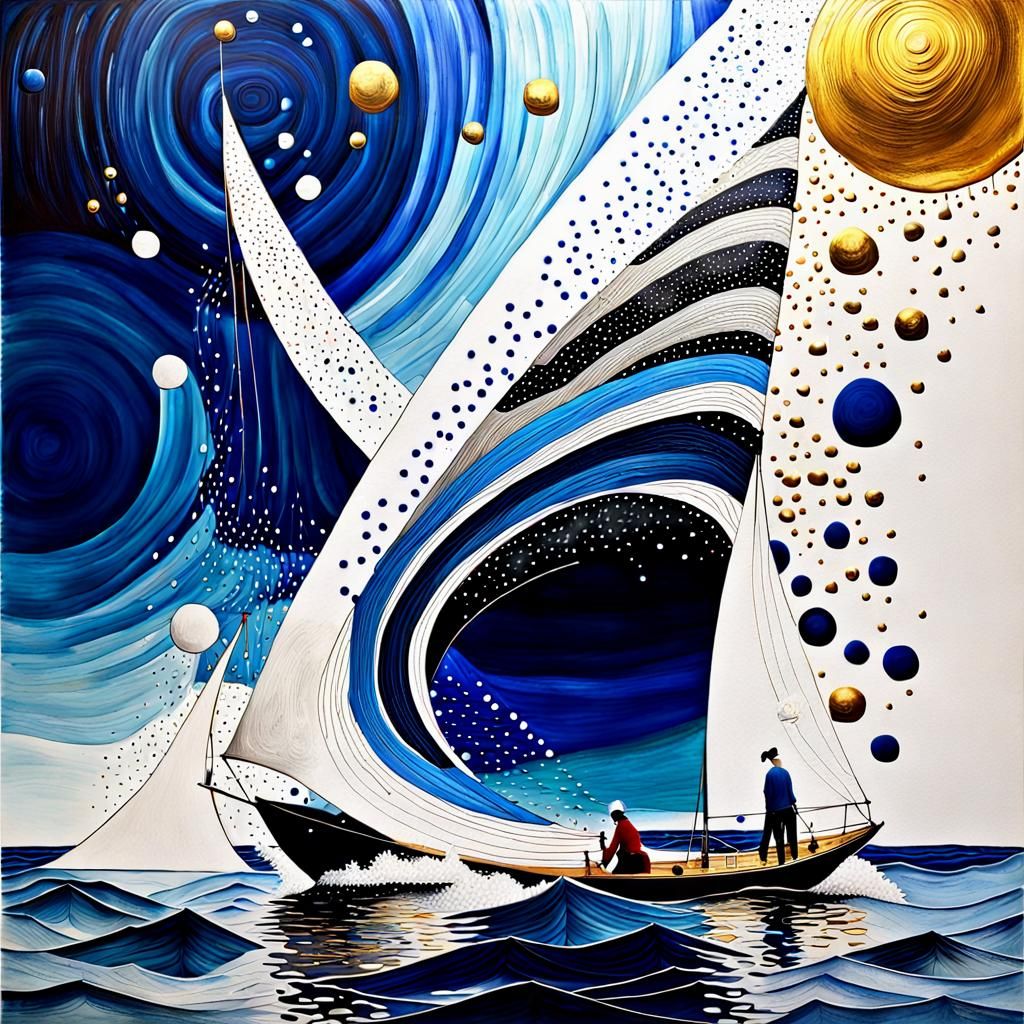 Zen Sailboat with Gold Dots in Abstract Painting