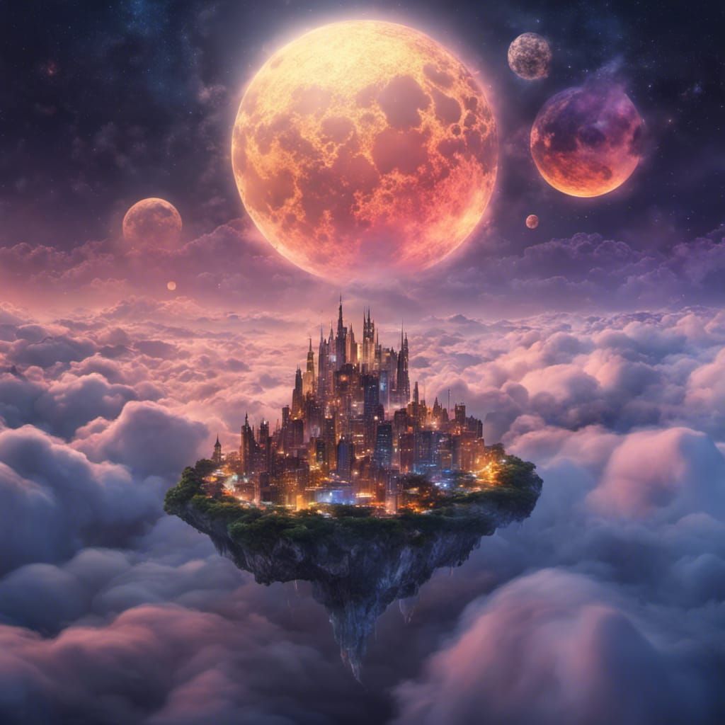 Fantasy Cityscape Island Floating Above Clouds