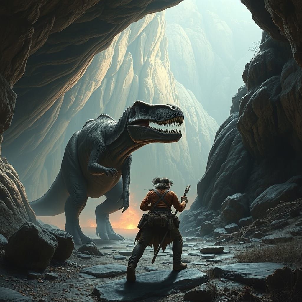 Caveman vs T-Rex in Prehistoric Landscape