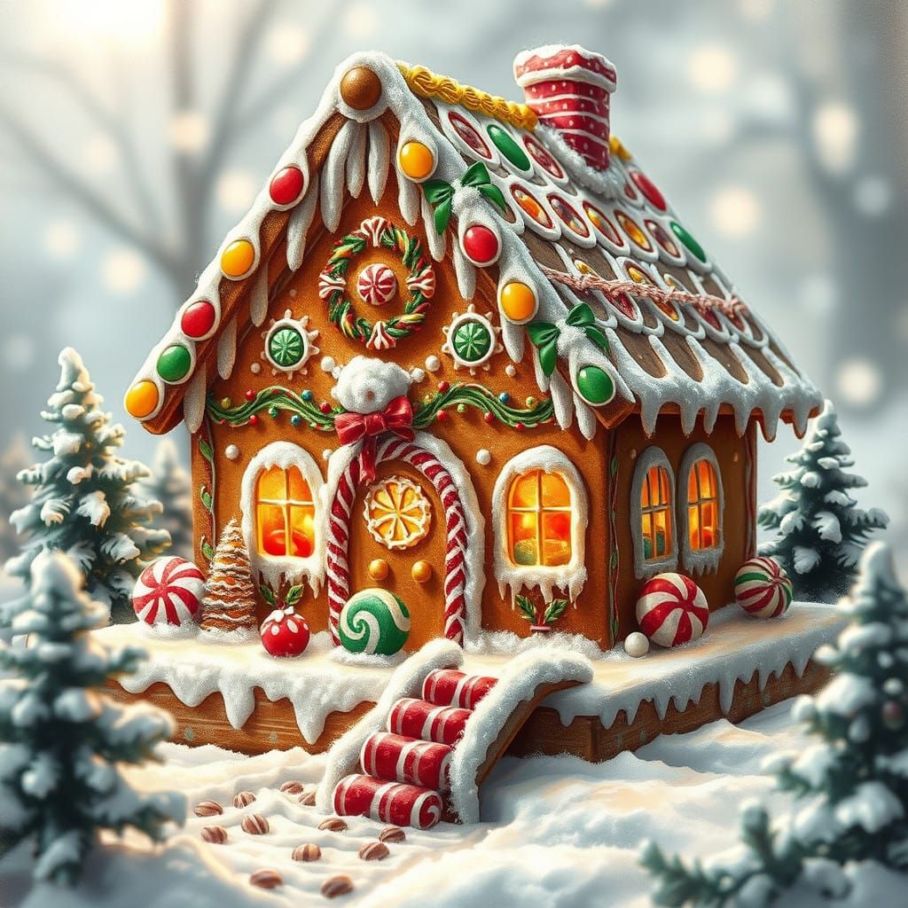 Whimsical Gingerbread Christmas House in Charcoal Drawing St...