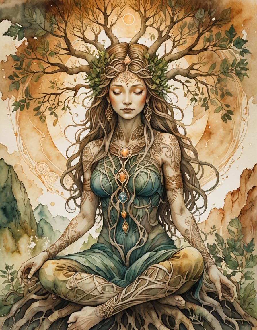 Gaia: Primordial Goddess in Watercolor Illustration