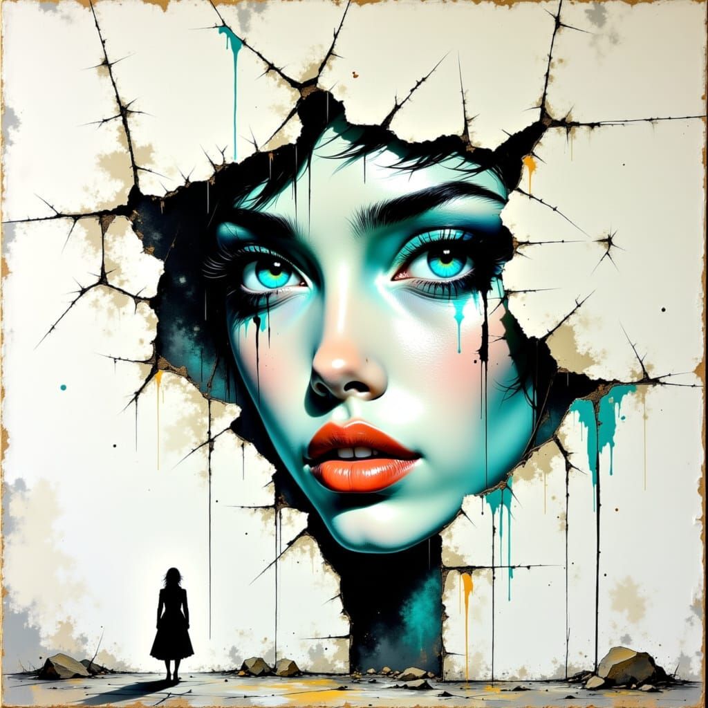 Fragmented Face Emerging from Cracked Wall