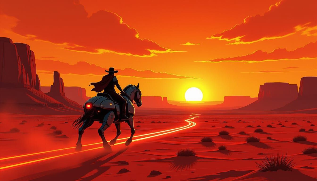 Lone Rider on Robotic Steed at Alien Sunset