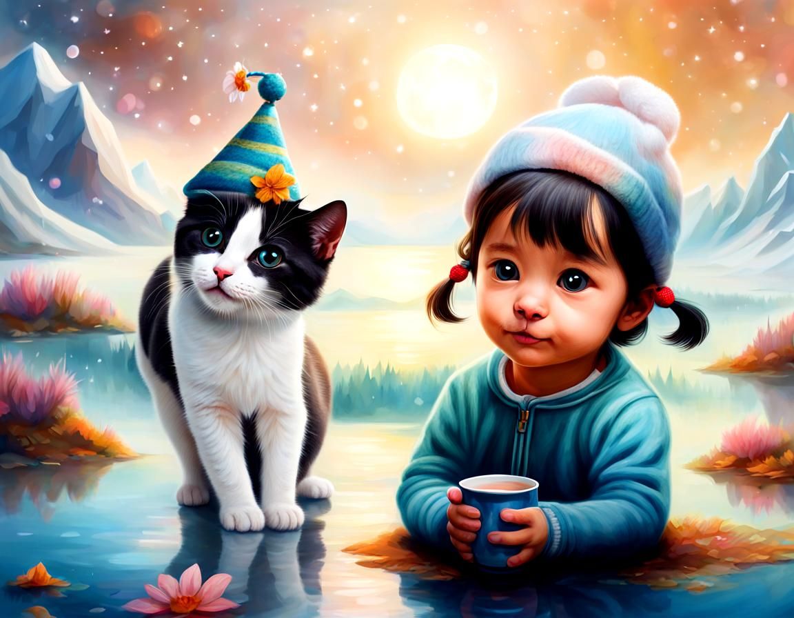 Cat in a Hat Holding a Cup