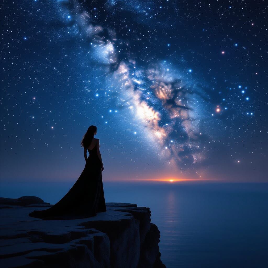 Woman Gazing at Nebula on Cliff Edge