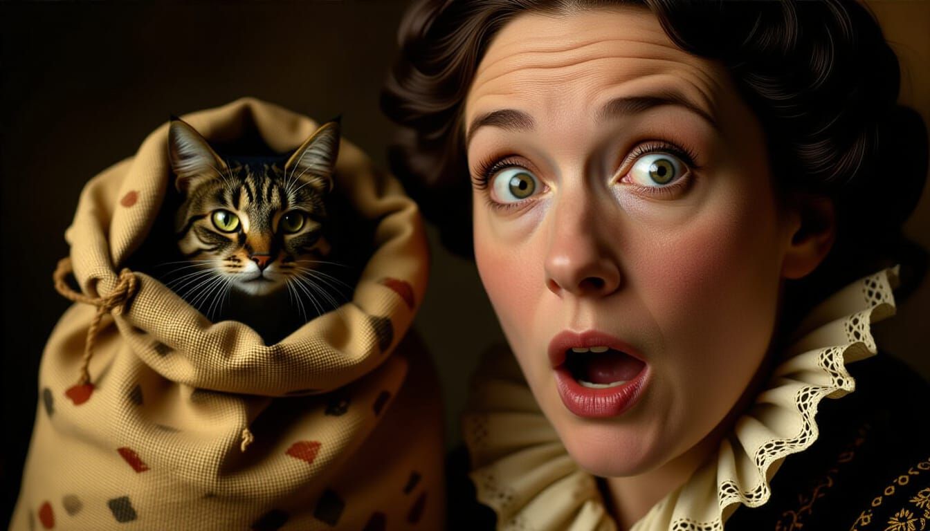 Surprised Face with Spectral Cat Overlay, Photorealistic Sty...