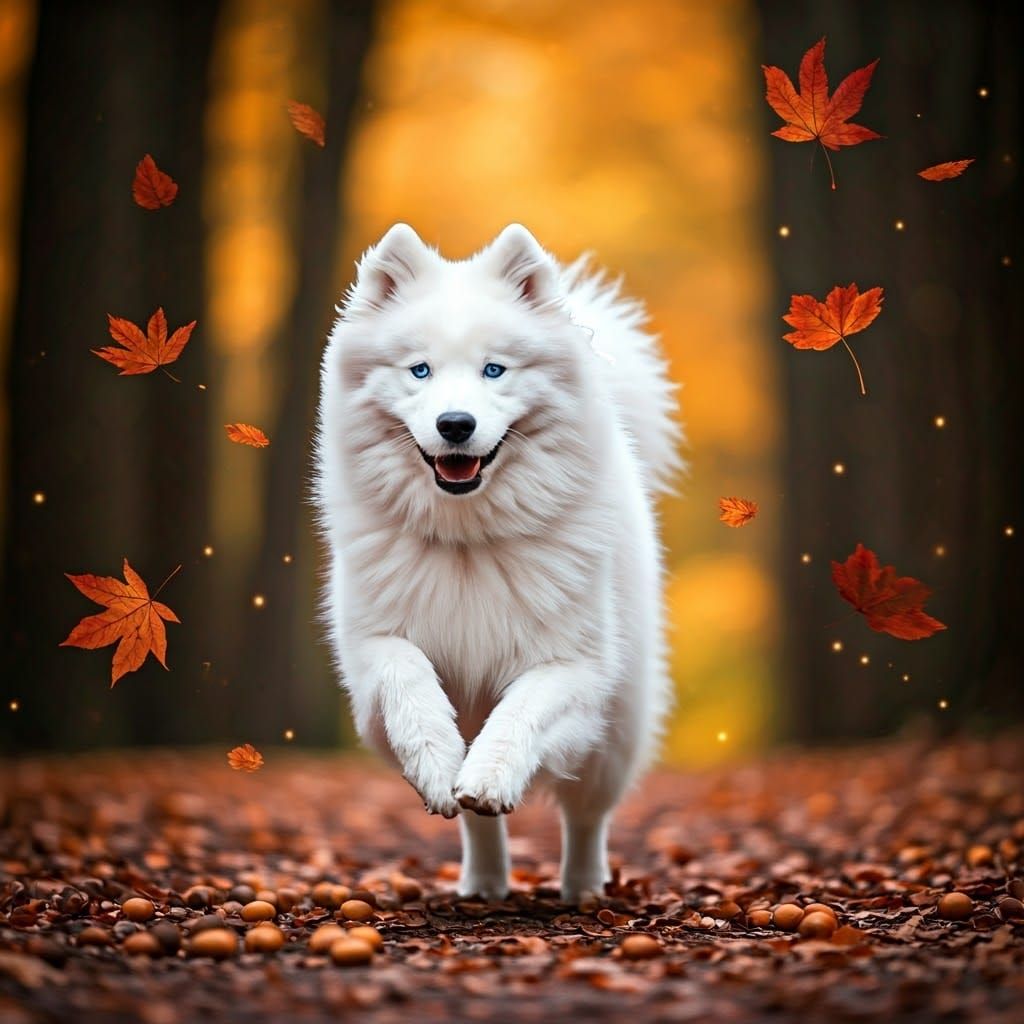Samoyed Leaps Through Autumn Leaves in British Woodland