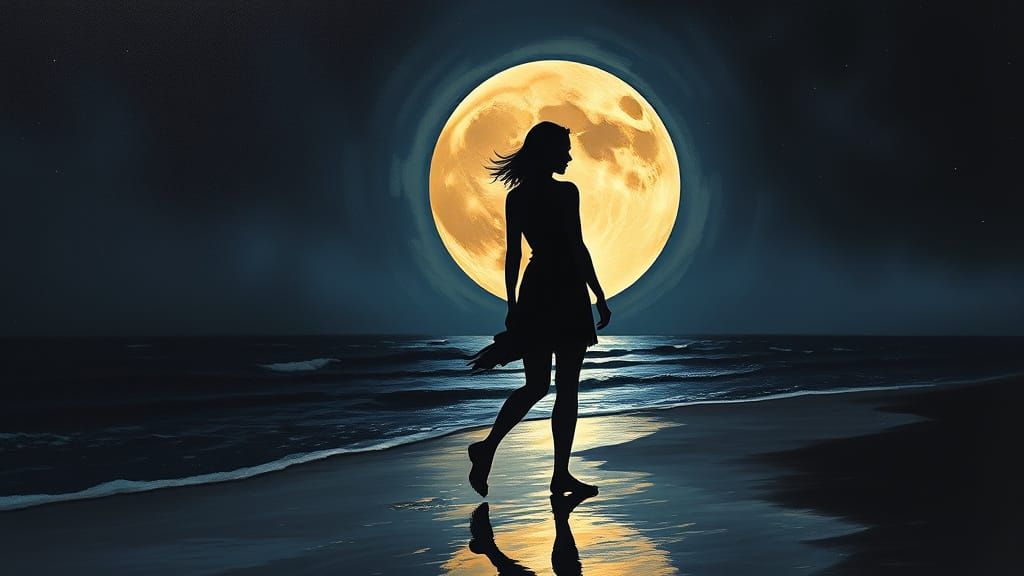 Abstract Silhouette of Woman on Beach at Night