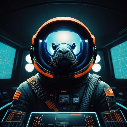 Walrus in Spacesuit in Spaceship Control Room