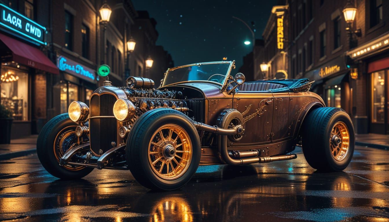 Steampunk Brass Hot Rod Convertible Under Neon City Lights