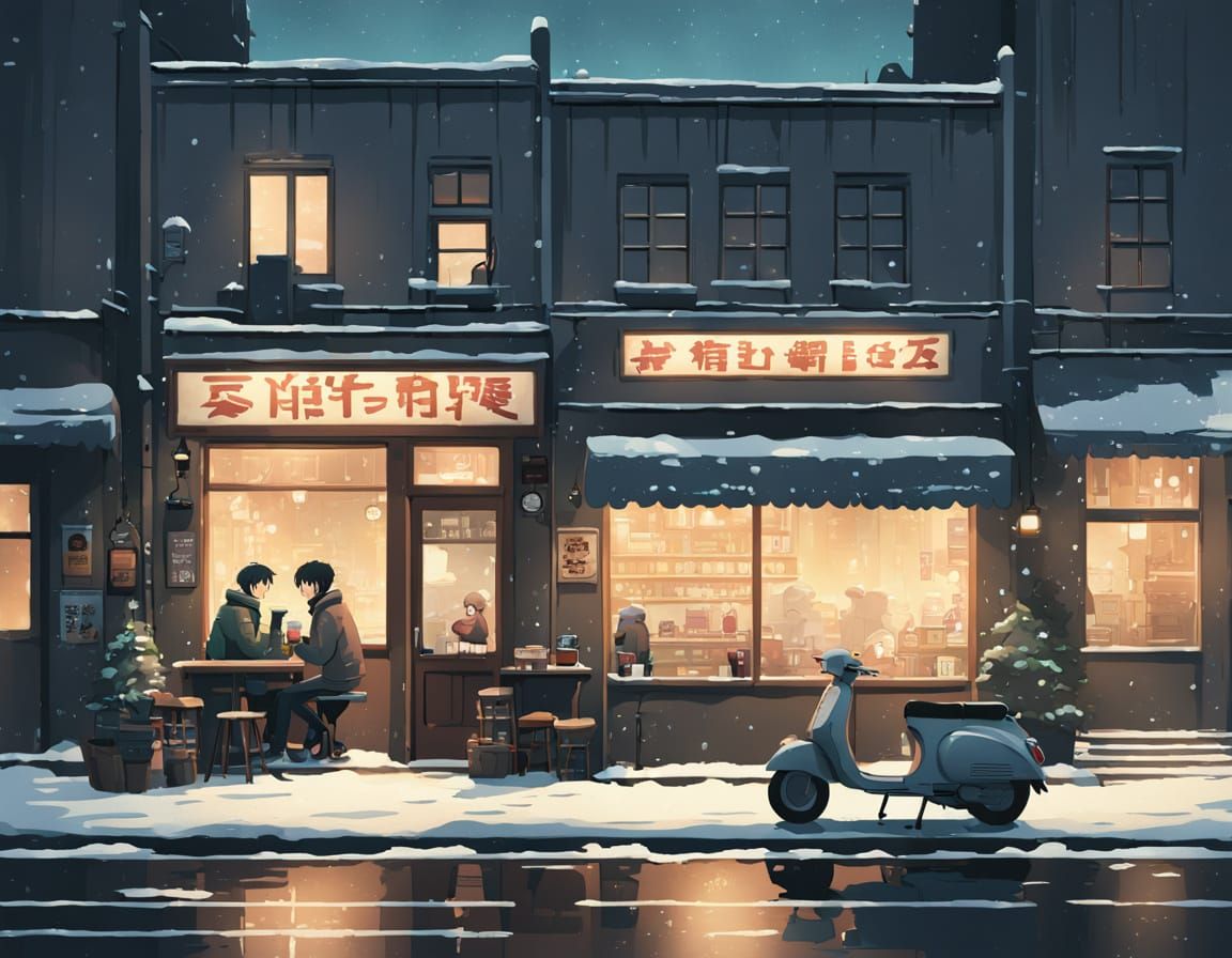 Cozy Coffee Shop in Winter Wonderland Scene
