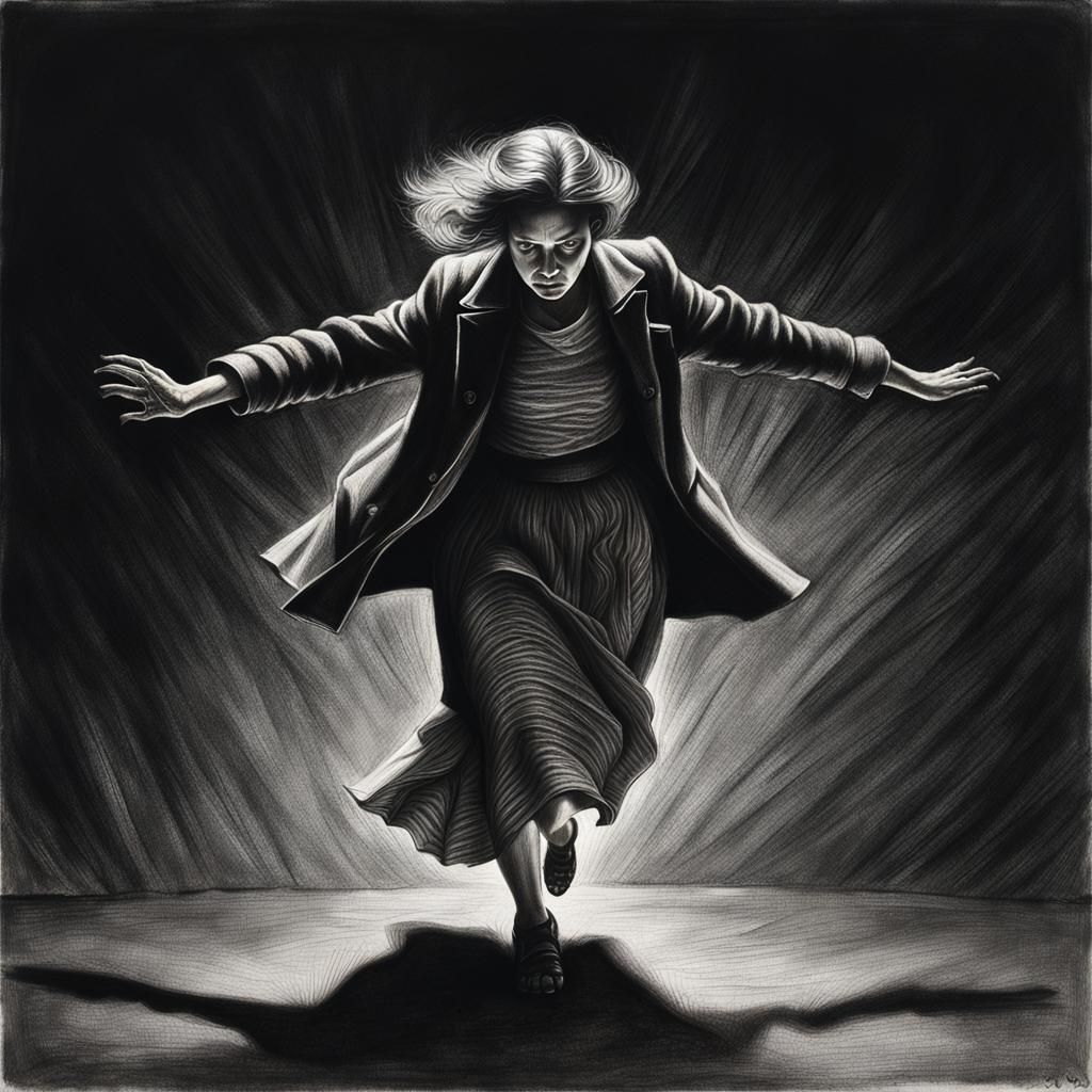 Dramatic Charcoal Drawing of Woman Falling