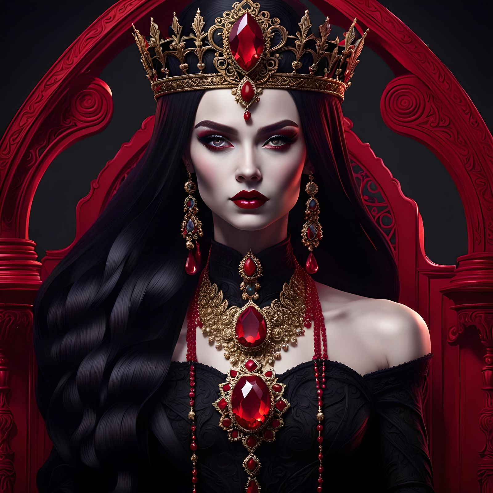 Elegant Gothic Dark Queen with Red Jewelry