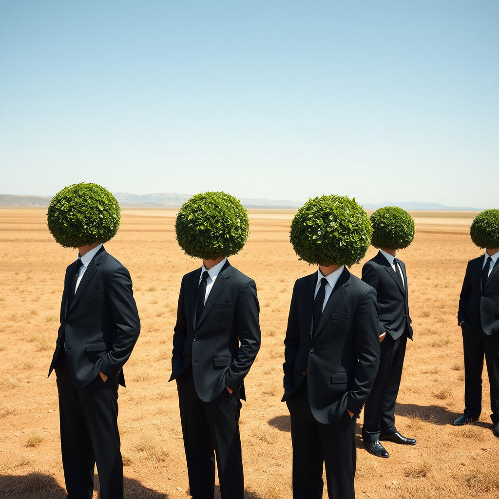 Men with Bush Heads on Plains in Surreal Style
