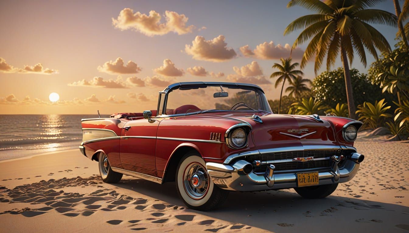 A cherry red 1957 Chevrolet Bel Air convertible sits on a tropical beach as the sun sets.