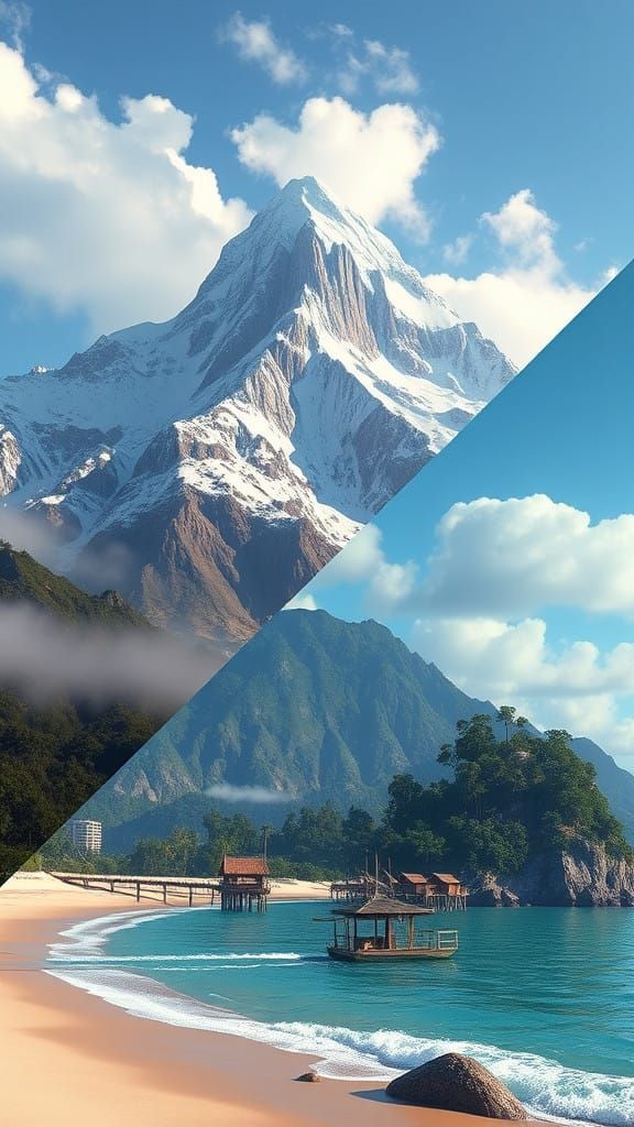 Surreal Landscape Split: Snowy Mountain Meets Tropical Beach...