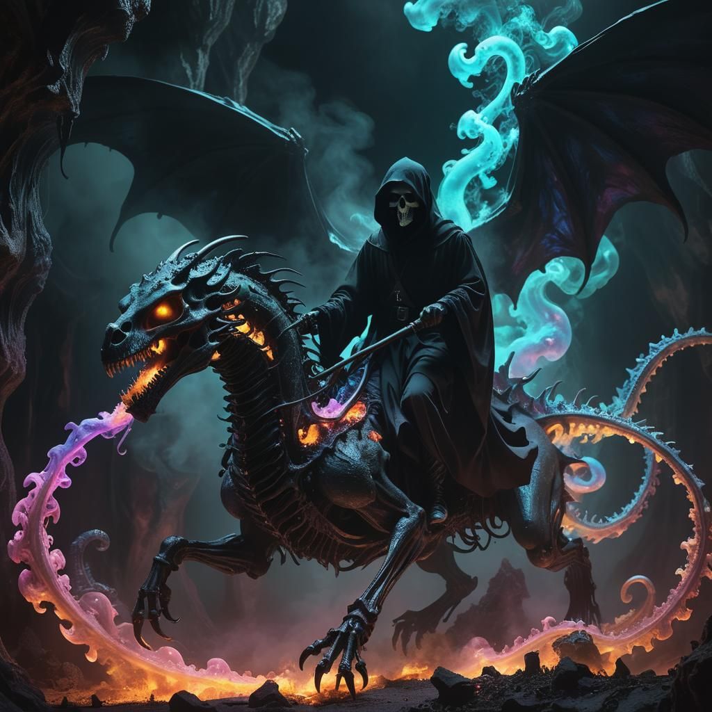 Grim Reaper Rides Dragon of Iridescent Smoke