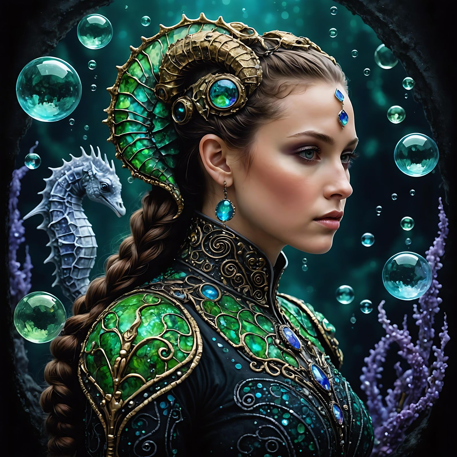 Dragon-like Seahorse in Natural Colors and Grunge Style