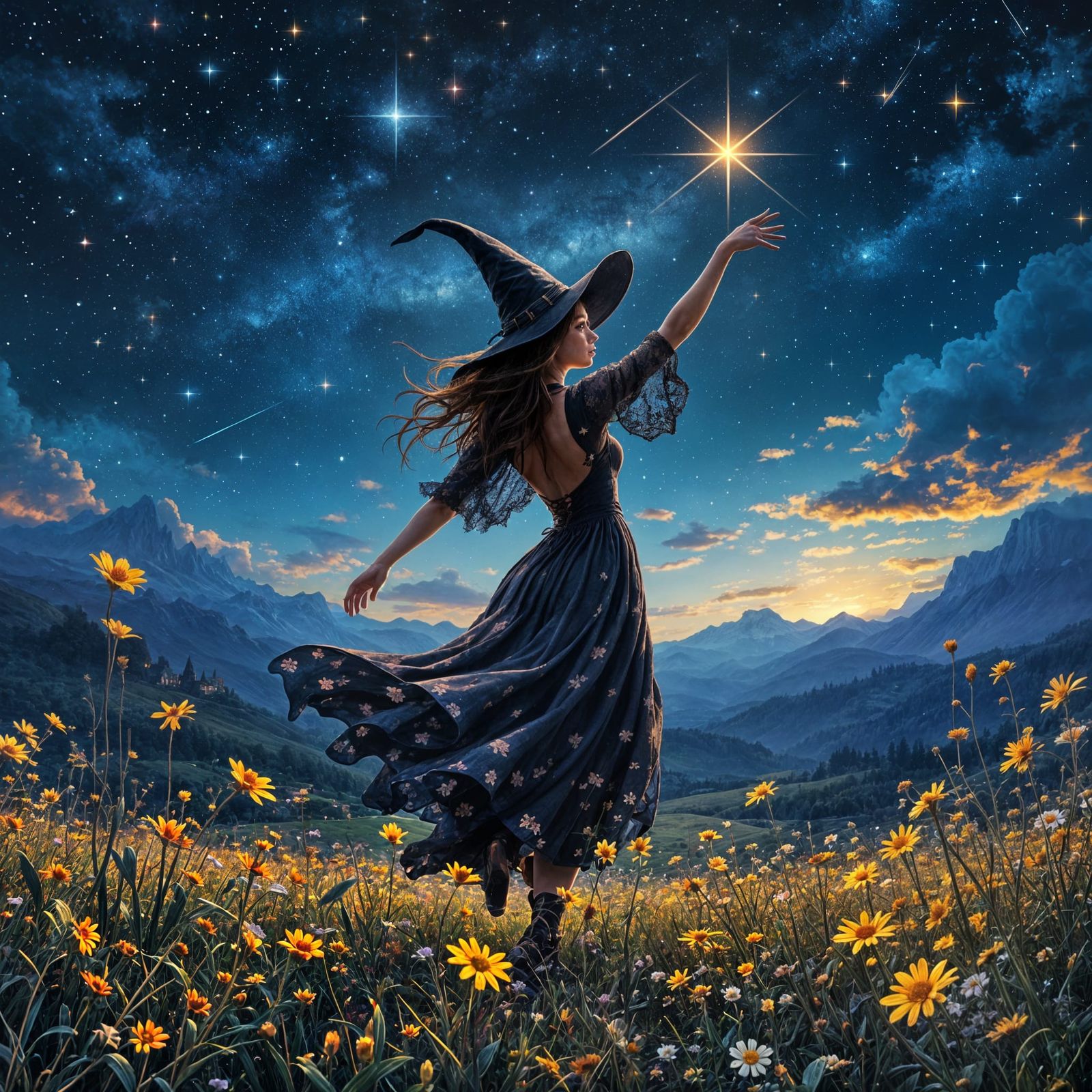 Enchanted Witch Dancing Under Starry Night Sky