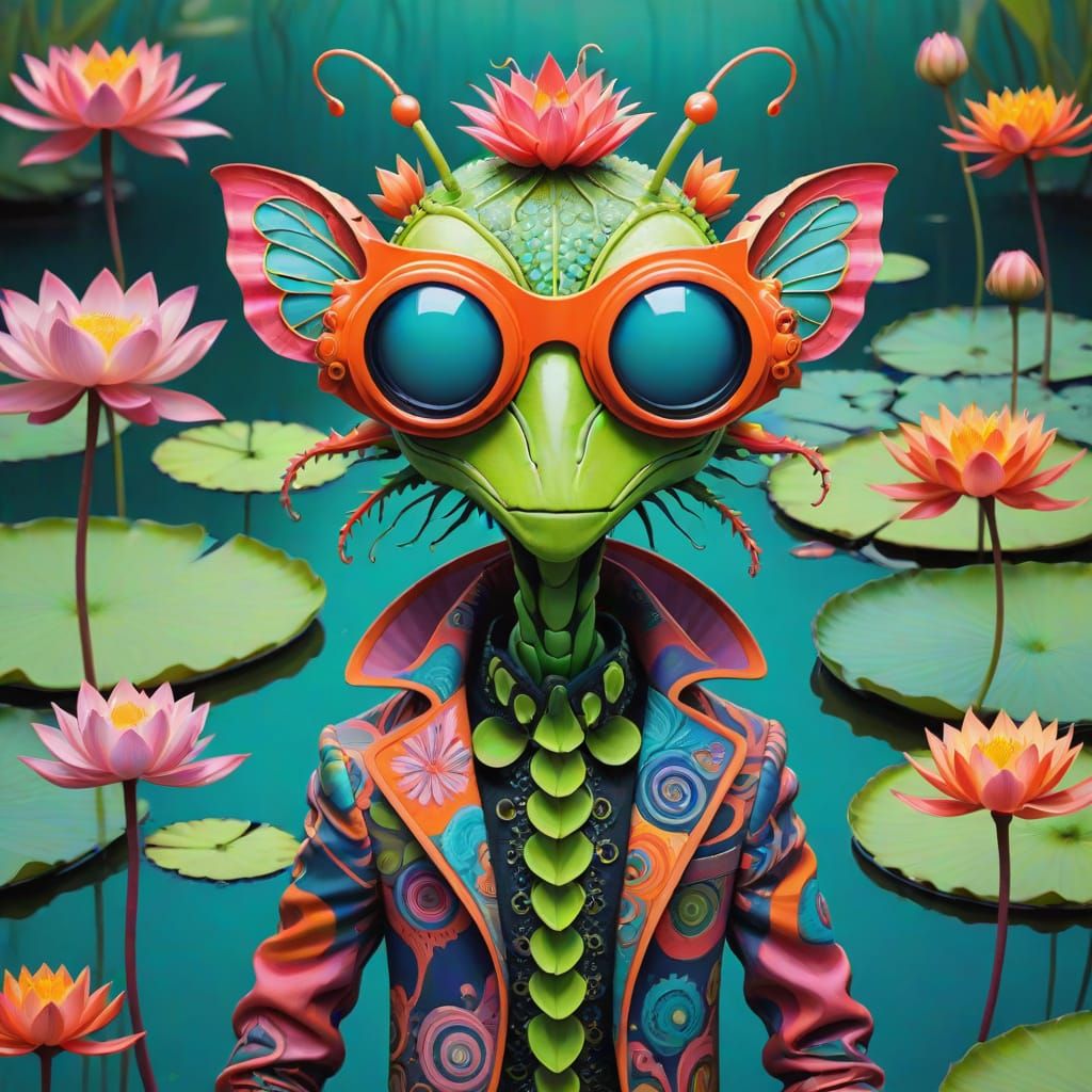 Whimsical Mantis in Cyberpunk Style