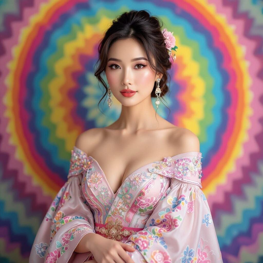 Elegant Woman Posing Before Rainbow Backdrop