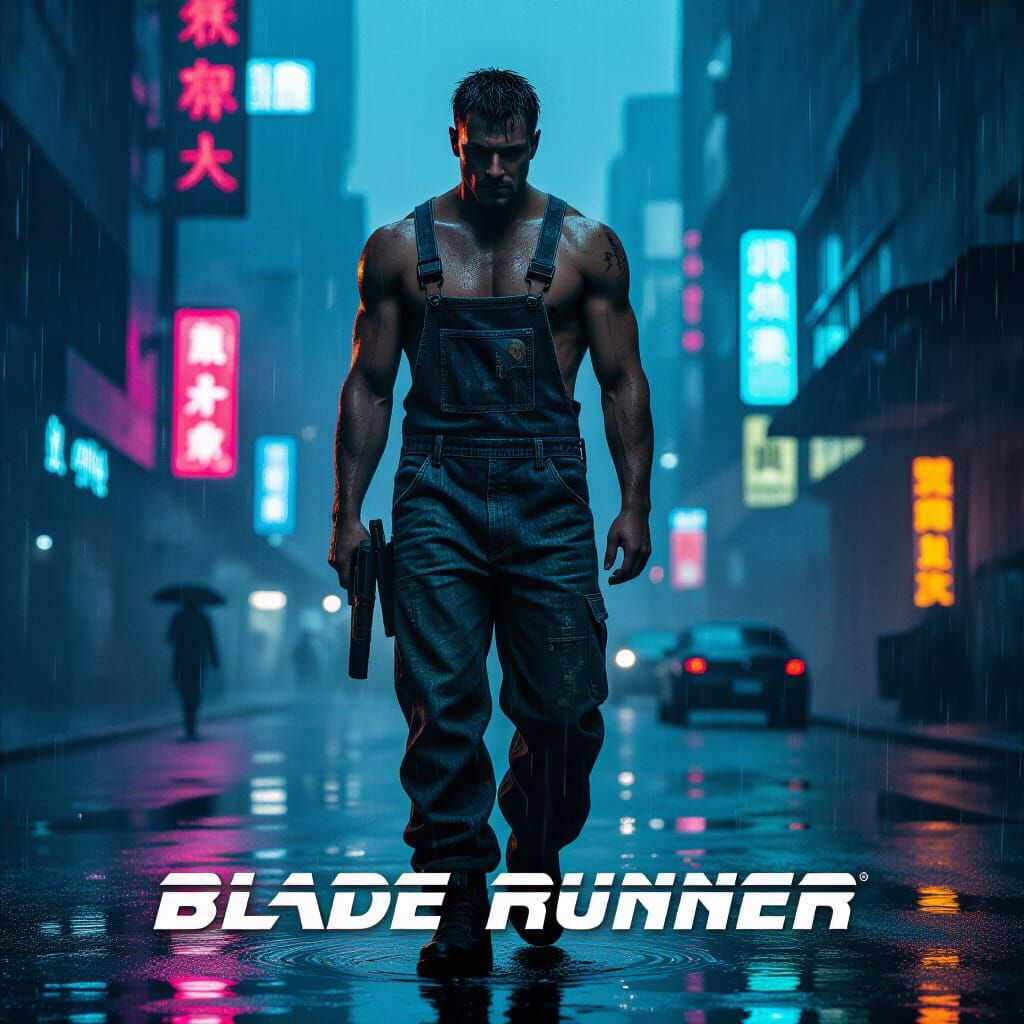 Blade Runner Poster: Lone Figure in Neon Cyberpunk City