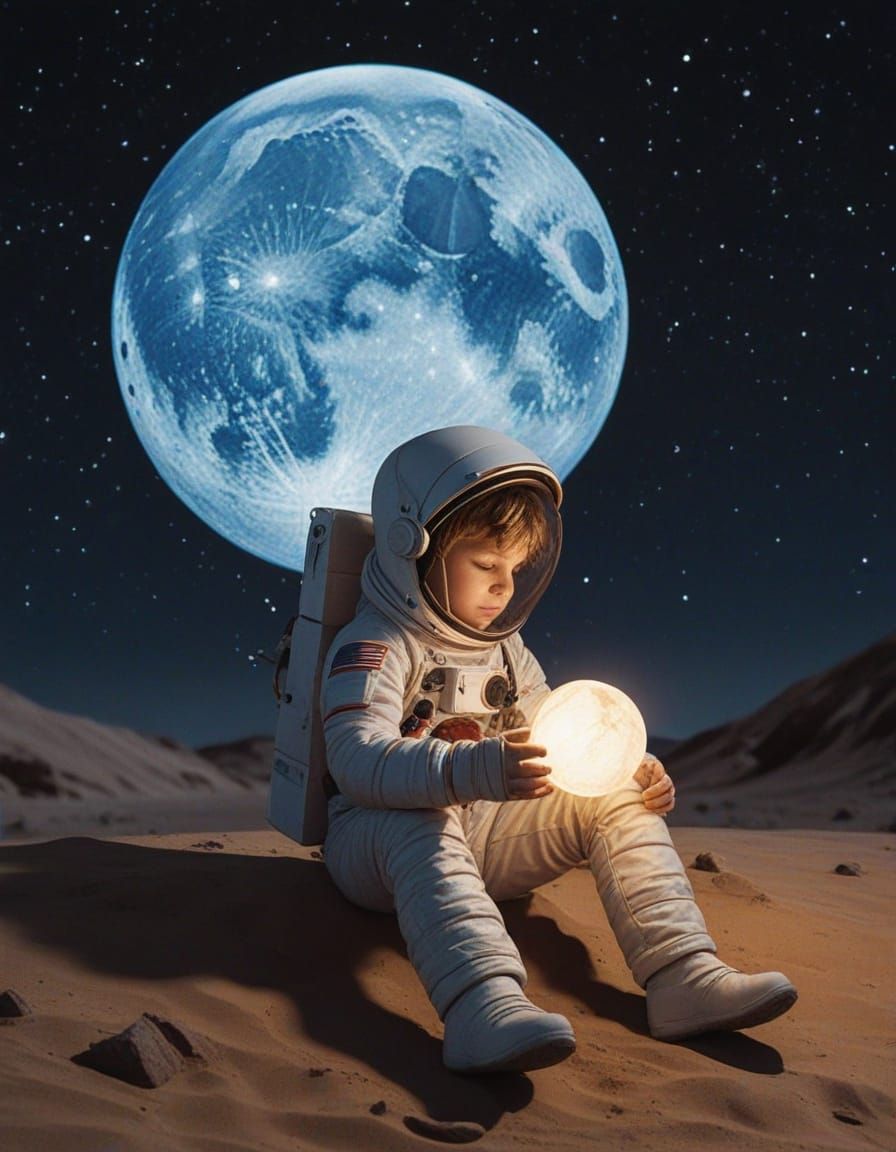 Boy on Moon with Glowing Lantern in Airbrush Art