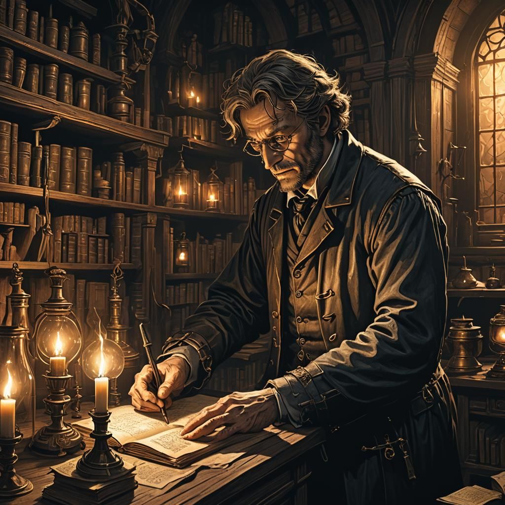 Dark Academia Scientist in Gothic Laboratory