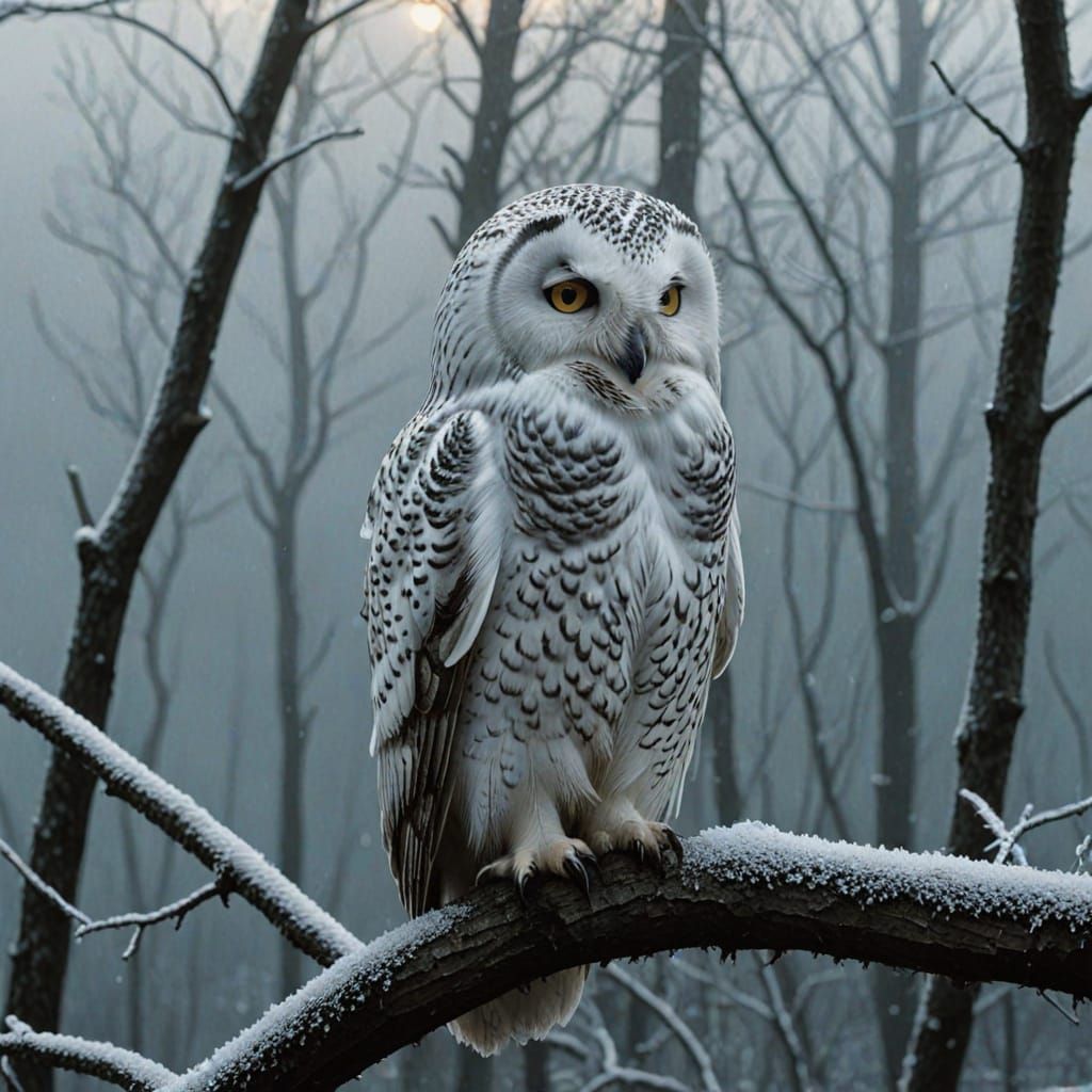 Majestic Snow Owl Perched in Frosty Moonlit Landscape