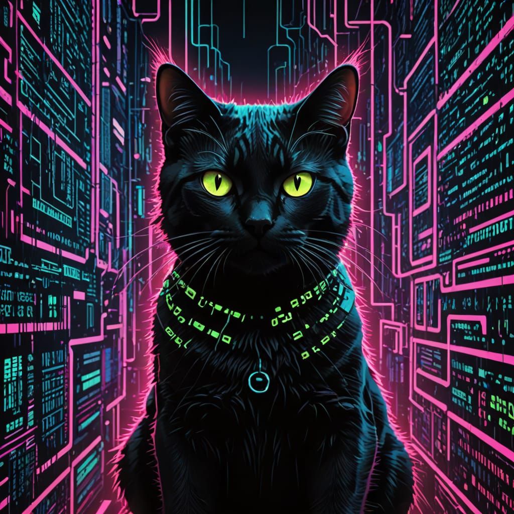Cyberpunk Feline Illuminated by Neon Matrix Code