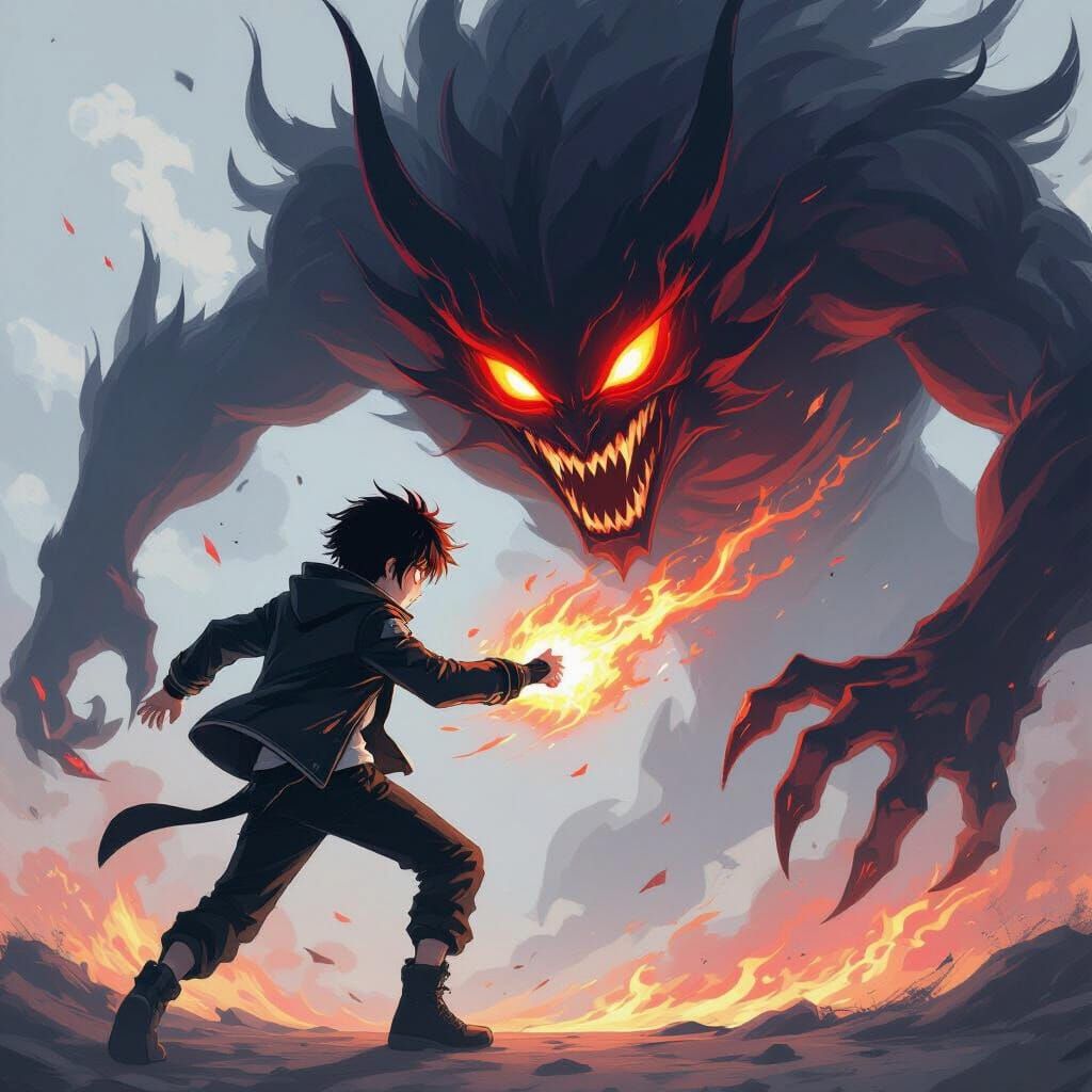 Anime Boy Battles Demon in Vibrant Action Scene