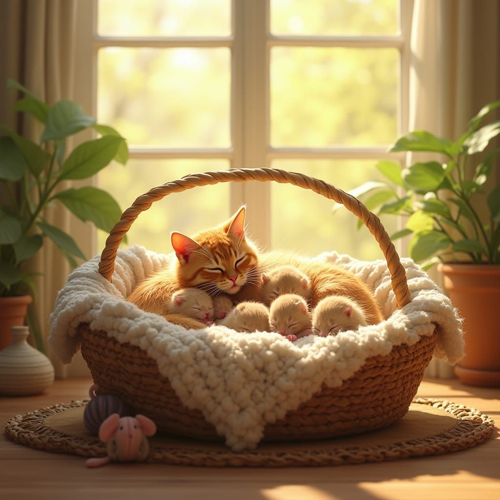Cozy Home Nook with Mama Cat and Newborn Kittens