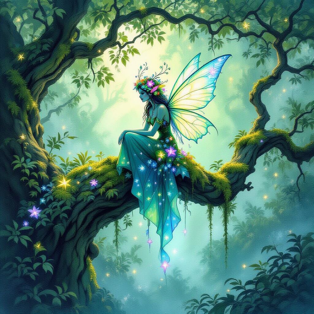 Enchanting Fae Creature in Bioluminescent Grove