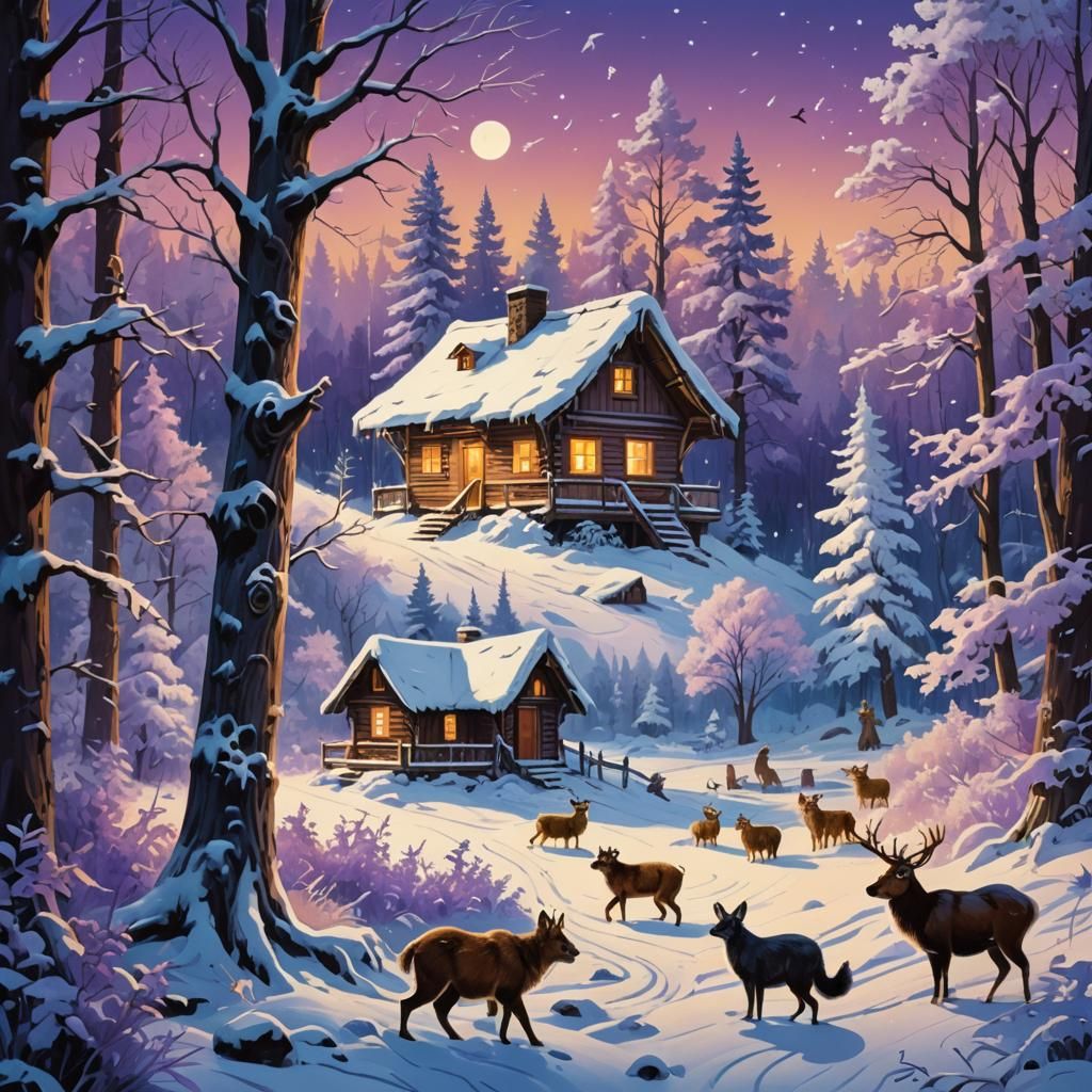 Winter Animals Frolic in Snowy Forest Landscape
