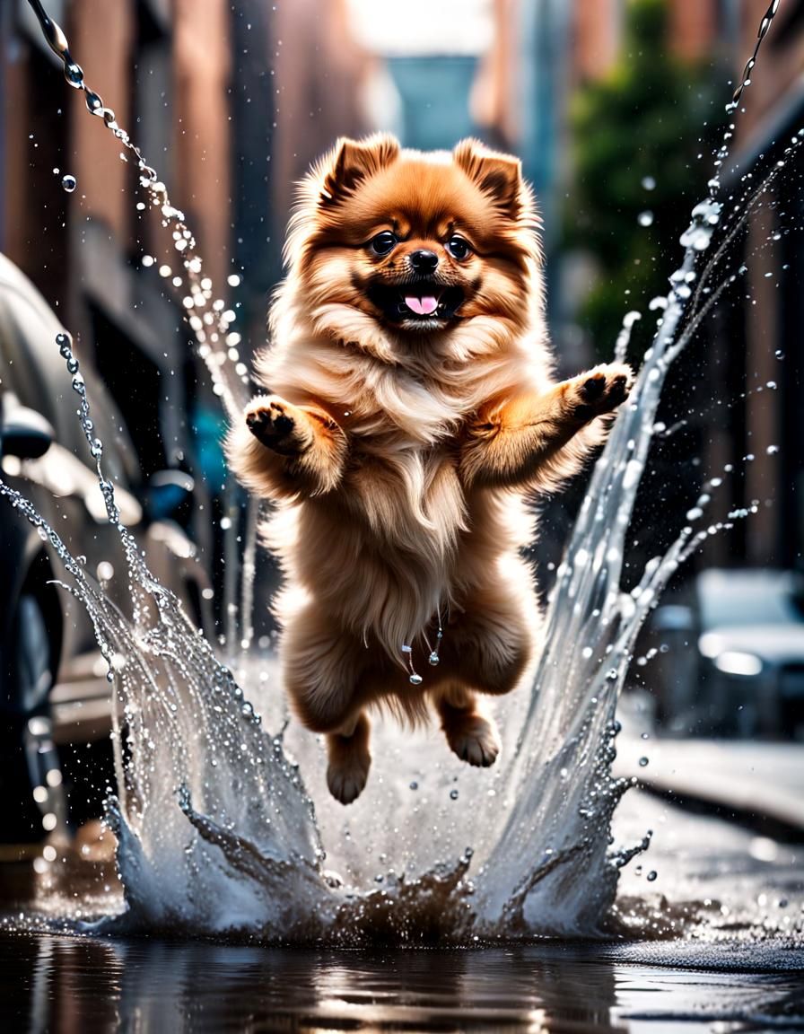 Playful Pomeranian Puppy's Watery Adventure