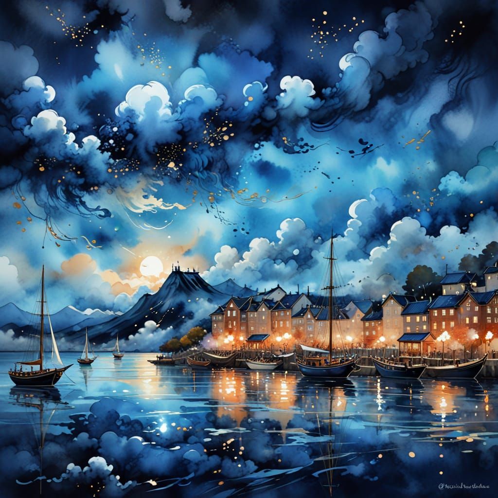 (harbor:1.2), Natasha Wescoat and Willem Haenraets, (arabesques in the clouds:1.5), nacre and deep blue dominant, with l...