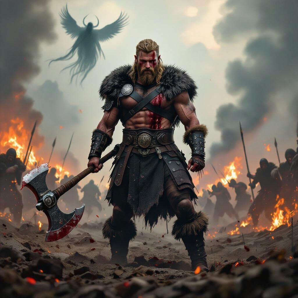 Viking Warrior in a Chaotic Battlefield, Fantasy Art Style