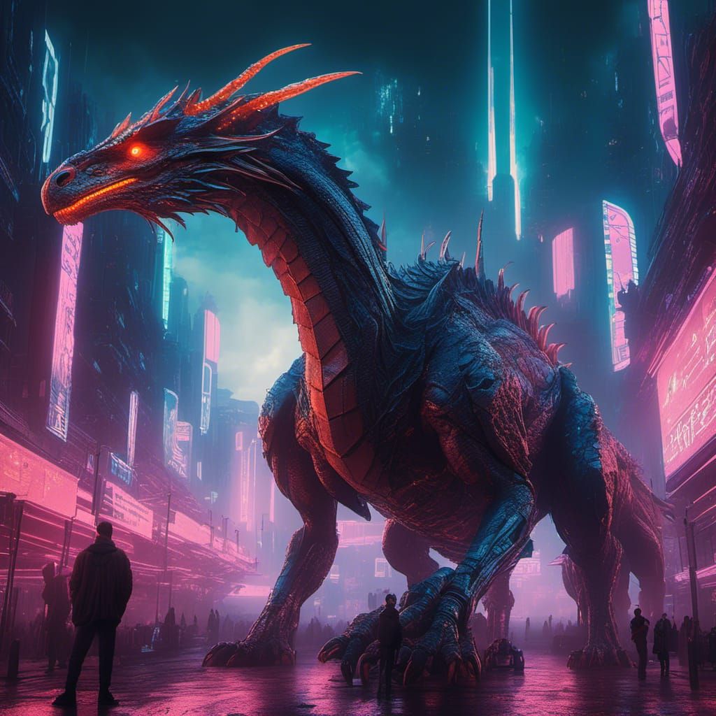 Cyberpunk Darwin Observes Hyperrealistic Dragon