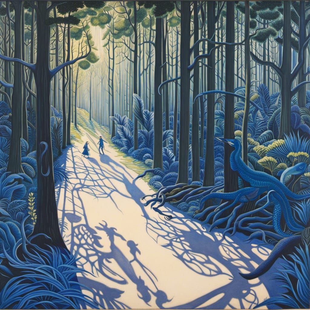 Entangled Shadows: Intricate Blue Ink Drawing