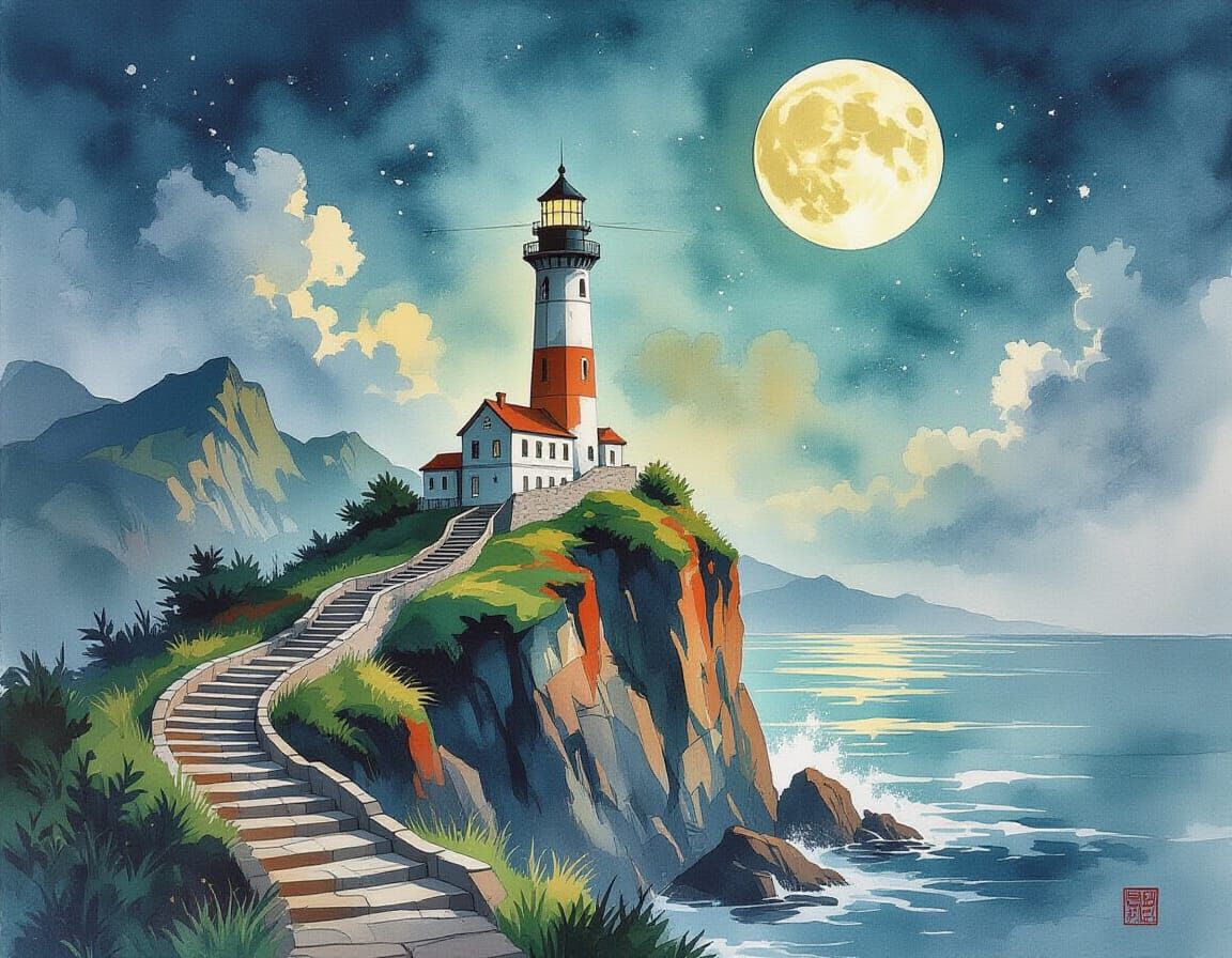 Gothic Lighthouse in Chinese Ink and Chalk Art