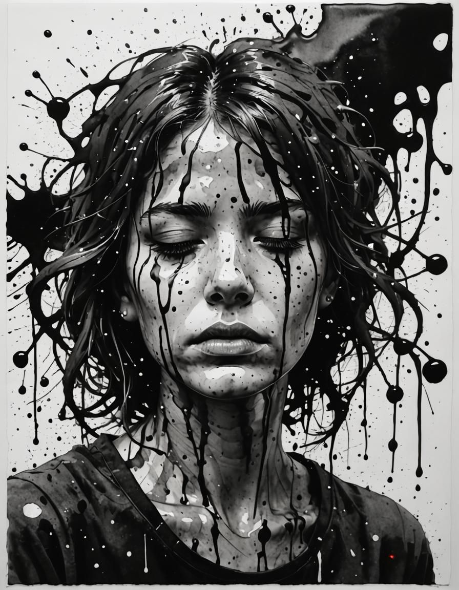 Monochrome Ink Splash Art of a Tired Figure