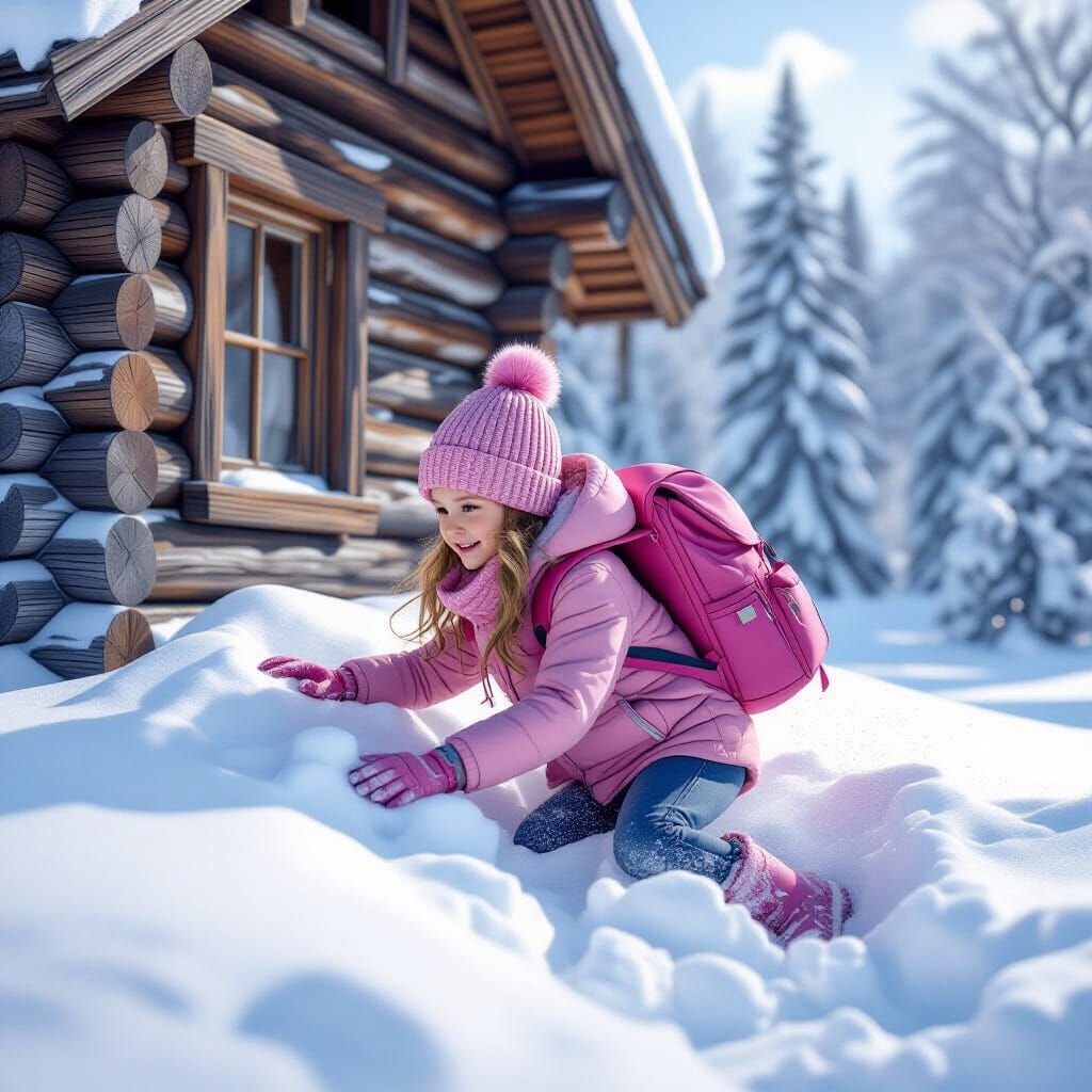 Girl in Pink Hat Tumbles into Snow by Log Cabin