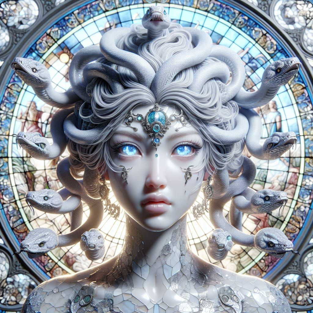 Striking Medusa Portrait with Shimmering Snake Hair