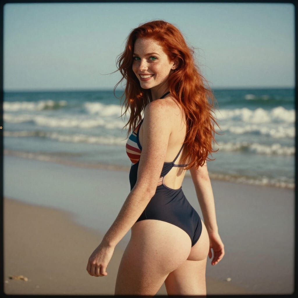 Redhead Woman in Swimsuit on Beach Cinematic Film Still