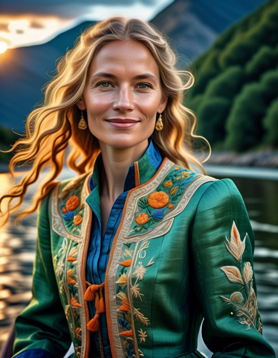 Elegant Woman on River at Sunrise, Renaissance Style