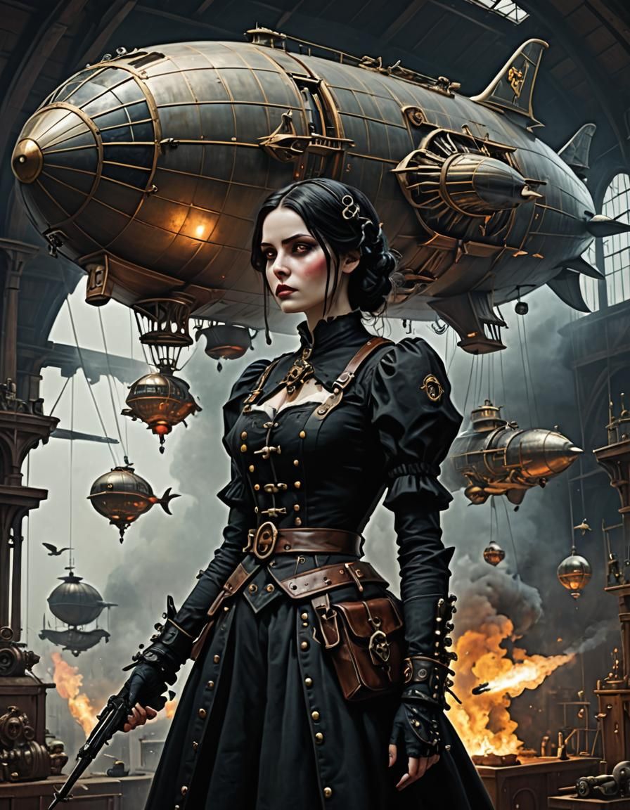 Gothic Airship: Damsel with Raygun in Steampunk Style