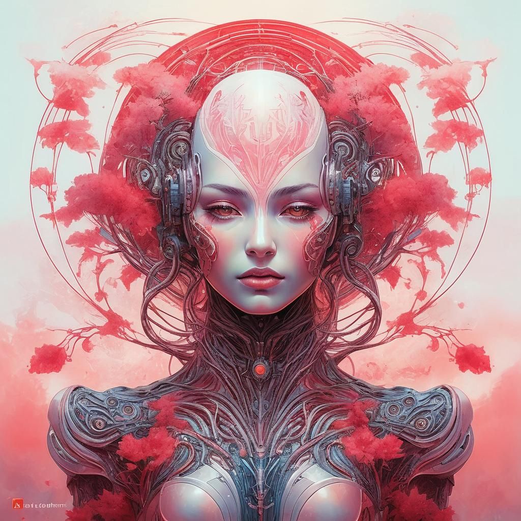 Serene Cyborg with Symmetrical Patterns in Digital Art