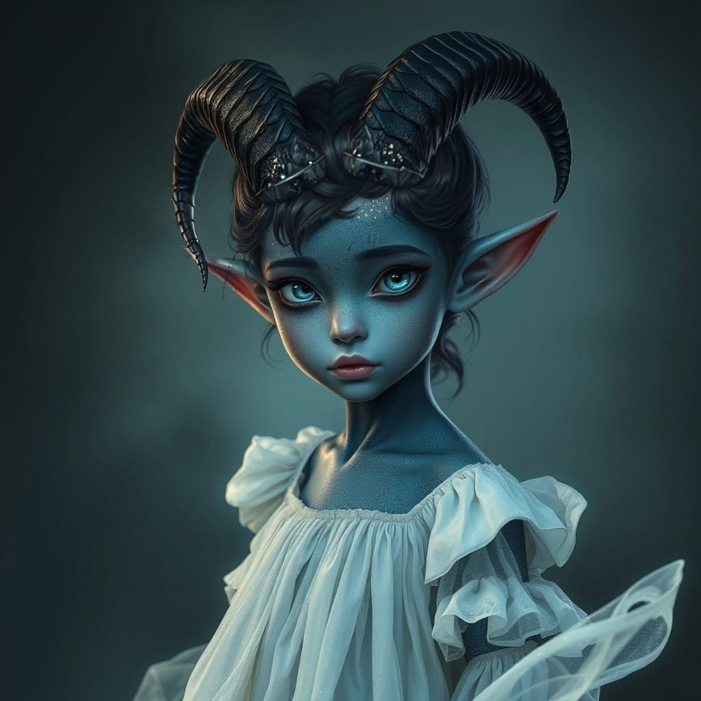 Tiefling Girl with Goat Horns and Glittery Skin