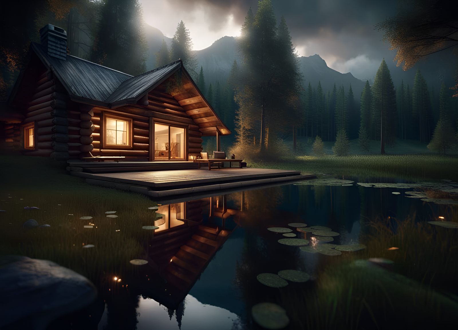 Epic Log Cabin in Forest with Pond: 8k Render