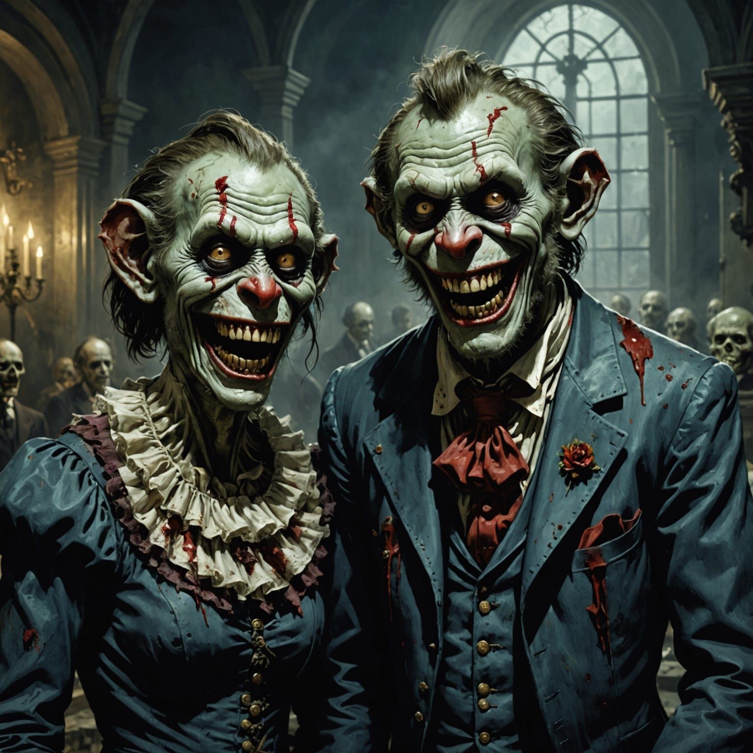 Horror Zombie Clown Couple in Funeral Home
